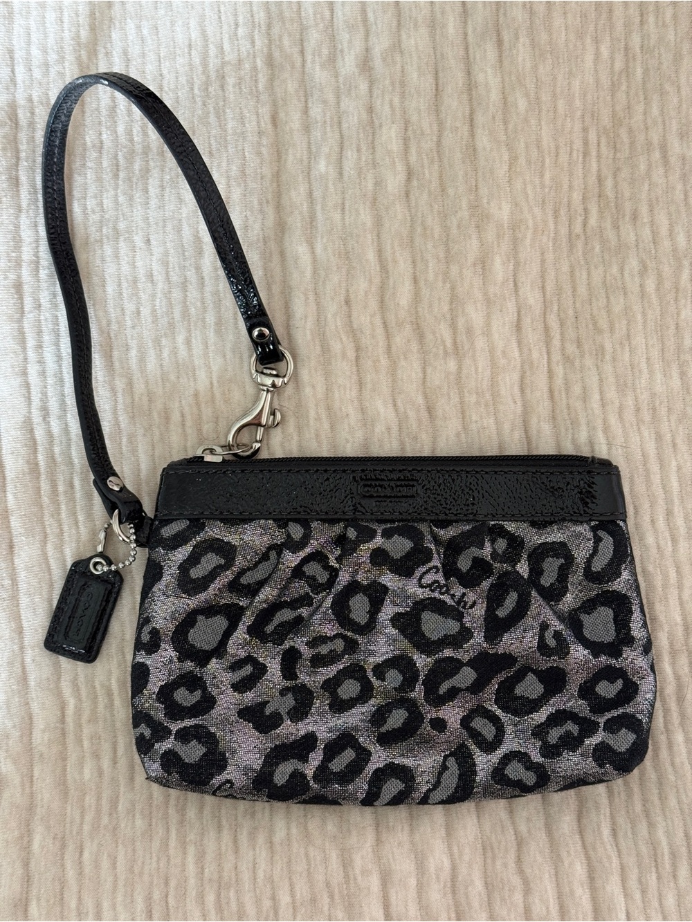 Vintage Coach Black and Silver Metallic Leopard Print Wristlet